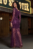 Sparkly Purple Sheath Long Sleeves Prom Dress with Sequins