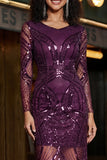 Sparkly Purple Sheath Long Sleeves Prom Dress with Sequins