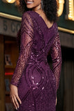 Sparkly Purple Sheath Long Sleeves Prom Dress with Sequins