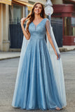 Blue Beaded V-Neck A Line Long Prom Dress with Cape Sleeves