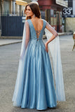 Blue Beaded V-Neck A Line Long Prom Dress with Cape Sleeves
