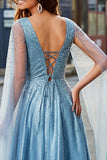 Blue Beaded V-Neck A Line Long Prom Dress with Cape Sleeves