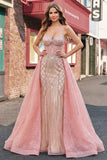 Sparkly Blush Mermaid Spaghetti Straps Long Prom Dress with Cape