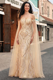 Off the Shoulder Champagne Mermaid Sequin Long Prom Dress with Cape Sleeves