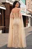 Off the Shoulder Champagne Mermaid Sequin Long Prom Dress with Cape Sleeves