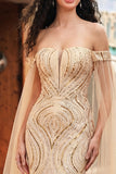 Off the Shoulder Champagne Mermaid Sequin Long Prom Dress with Cape Sleeves