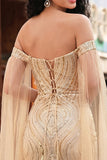 Off the Shoulder Champagne Mermaid Sequin Long Prom Dress with Cape Sleeves
