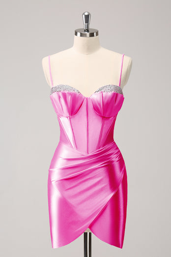 Stylish Sparkly Pink Spaghetti Straps Corset Tight Graduation Dress with Beading