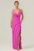 Load image into Gallery viewer, Lime Sheath Deep V Neck Backless Long Bridesmaid Dress with Ruffle Slit