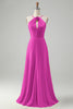 Load image into Gallery viewer, Yellow A Line Halter Cut Out Long Bridesmaid Dress with Flower