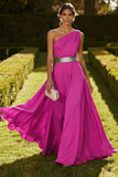 One Shoulder Olive A Line Chiffon Maxi Dress