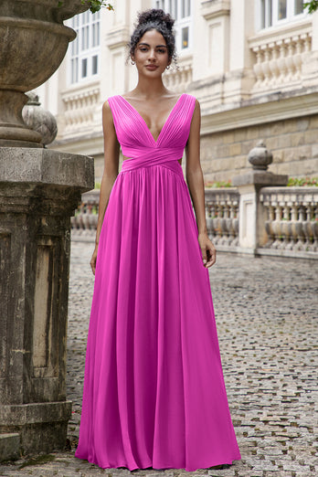 Eucalyptus A Line V Neck Pleated Chiffon Long Bridesmaid Dress with Lace-up Back