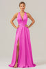 Load image into Gallery viewer, Pink A Line V-Neck Backless Satin Long Bridesmaid Dress with Slit