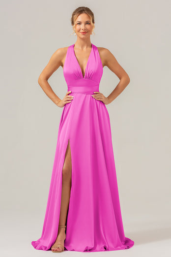 Pink A Line V-Neck Backless Satin Long Bridesmaid Dress with Slit