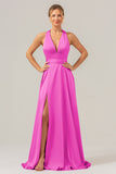 Pink A Line V-Neck Backless Satin Long Bridesmaid Dress with Slit