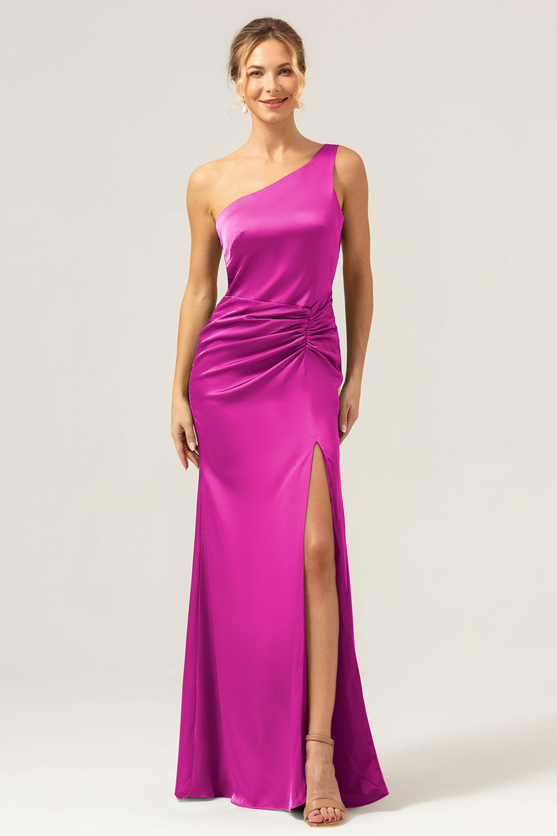 Load image into Gallery viewer, Olive Mermaid One Shoulder Backless Satin Long Bridesmaid Dress