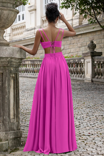 Eucalyptus A Line V Neck Pleated Chiffon Long Bridesmaid Dress with Lace-up Back