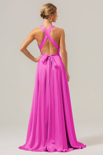 Pink A Line V-Neck Backless Satin Long Bridesmaid Dress with Slit