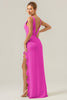 Load image into Gallery viewer, Lime Sheath Deep V Neck Backless Long Bridesmaid Dress with Ruffle Slit