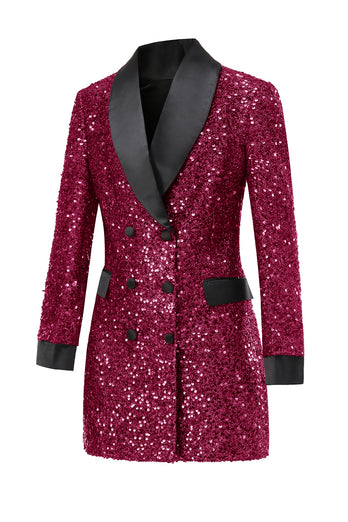 Glitter Burgundy Shawl Lapel Women's Blazer with Sequins