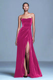 Strapless Burgundy Velvet A Line Formal Dress with Slit