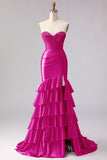 Red Mermaid Ruffled Sweetheart Beaded Corset Long Prom Dress with Slit