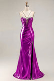 Metallic Golden Beaded Mermaid Corset Long Prom Dress With Slit