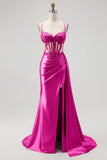Champagne Mermaid Corset Beaded Satin Long Prom Dress with Slit