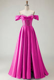 Off The Shoulder Beaded A Line Purple Corset Long Prom Dress with Slit