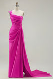 Green One Shoulder Ruched Sheath Long Prom Dress with Slit