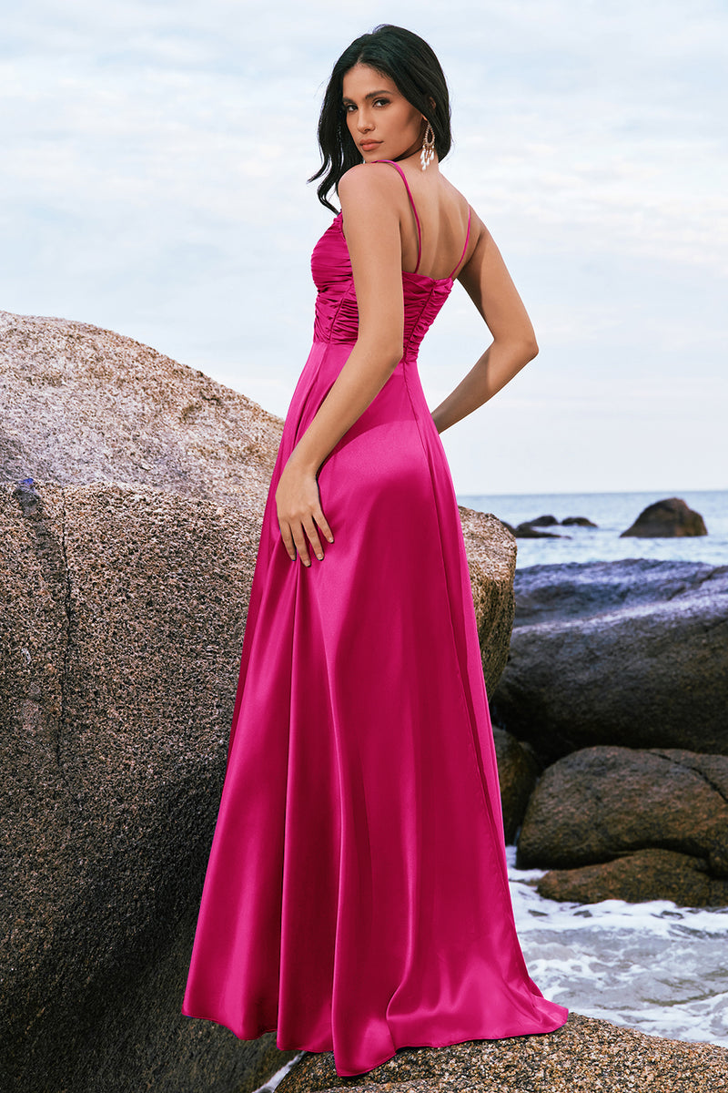 Load image into Gallery viewer, Spaghetti Straps Satin Keyhole Ink Blue Bridesmaid Dress