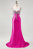 Mermaid Spaghetti Straps Corset Blush Long Prom Dress with Rhinestones