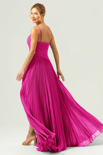 A-Line Spaghetti Straps Pleated Chiffon Eucalyptus Bridesmaid Dress with Slit