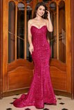 Hot Pink Mermaid Sweetheart Sequins Long Prom Dress