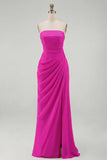 Strapless Light Pink Sheath Ruched Long Prom Dress with Slit