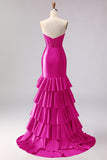 Red Mermaid Ruffled Sweetheart Beaded Corset Long Prom Dress with Slit