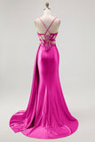 Champagne Mermaid Corset Beaded Satin Long Prom Dress with Slit
