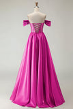 Off The Shoulder Beaded A Line Purple Corset Long Prom Dress with Slit