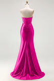 Red Strapless Mermaid Corset Beaded Ruched Satin Long Prom Dress with Slit