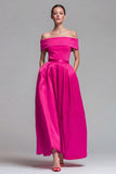 Off the Shoulder Fuchsia and Red A Line Color Block Maxi Dress with Pockets
