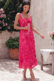 Blue Square Neck Floral Sheath Midi Dress with Appliques