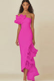 One Shoulder Sheath White Graduation Dress with Ruffles