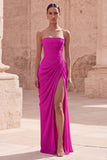 Strapless Light Pink Sheath Ruched Long Prom Dress with Slit