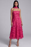 Blue Strapless A-Line Appliqued Midi Floral Dress with Neck Scarf