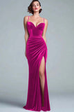 Burgundy Mermaid Velvet Spaghetti Straps Long Formal Dress with Slit