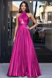 Gold Halter Neck A-Line Metallic Cut-Out Pleated Long Prom Dress
