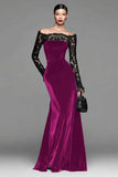 Burgundy Velvet Mermaid Long Sleeve Formal Dress with Lace