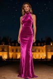 Purple Velvet Halter Sheath Long Evening Dress
