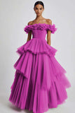 Dusty Sage Off The Shoulder A Line Ruffles Prom Dress