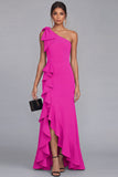 One Shoulder Black Sheath Long Evening Dress with Ruffle Slit